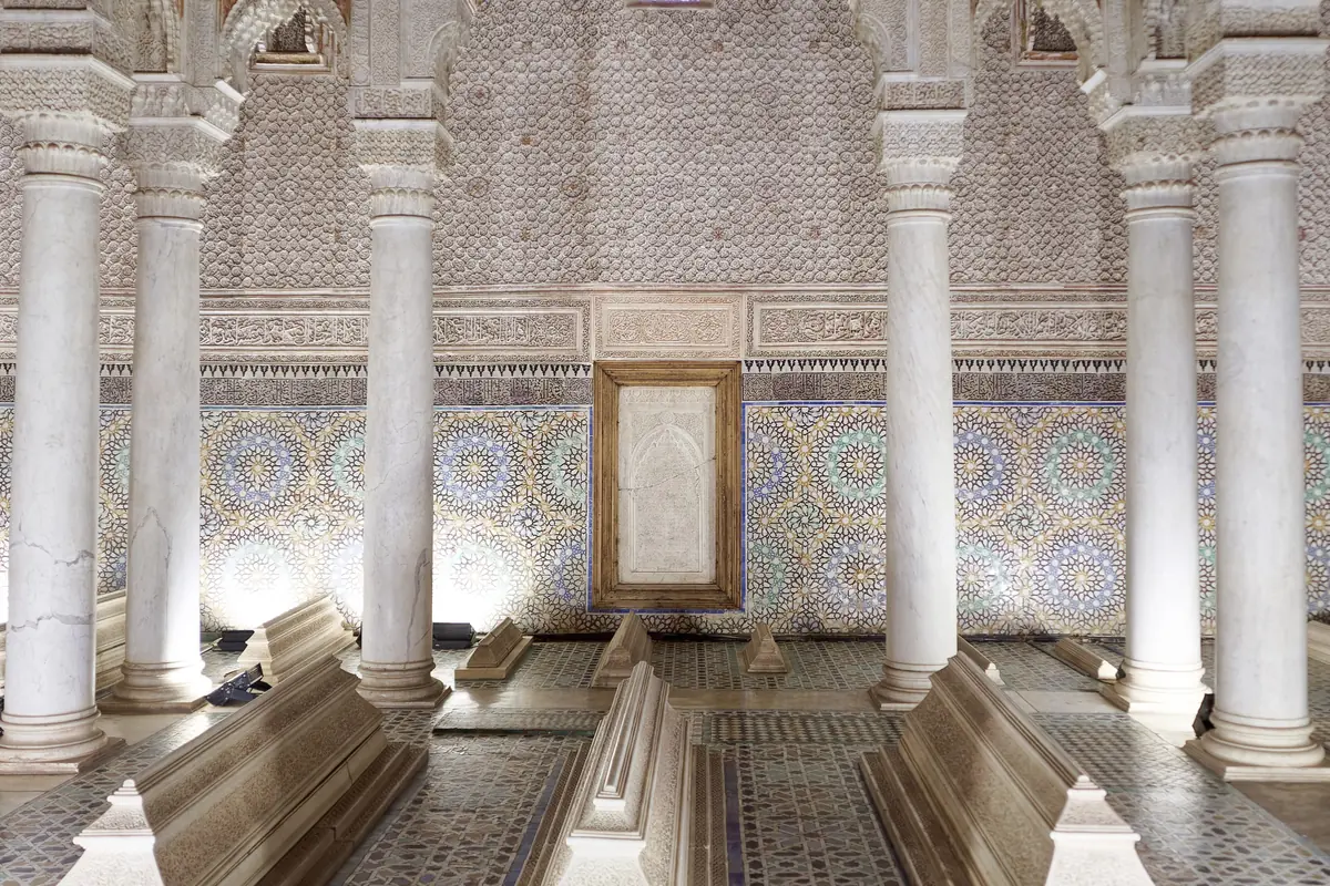Hall of the Twelve Columns at the Saadian Tombs, with marble columns and tombs